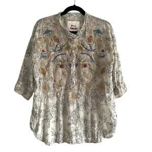 Johnny Was BIYA Silk Embroidered Floral Blouse XS Oversized Boho Romantic  EUC